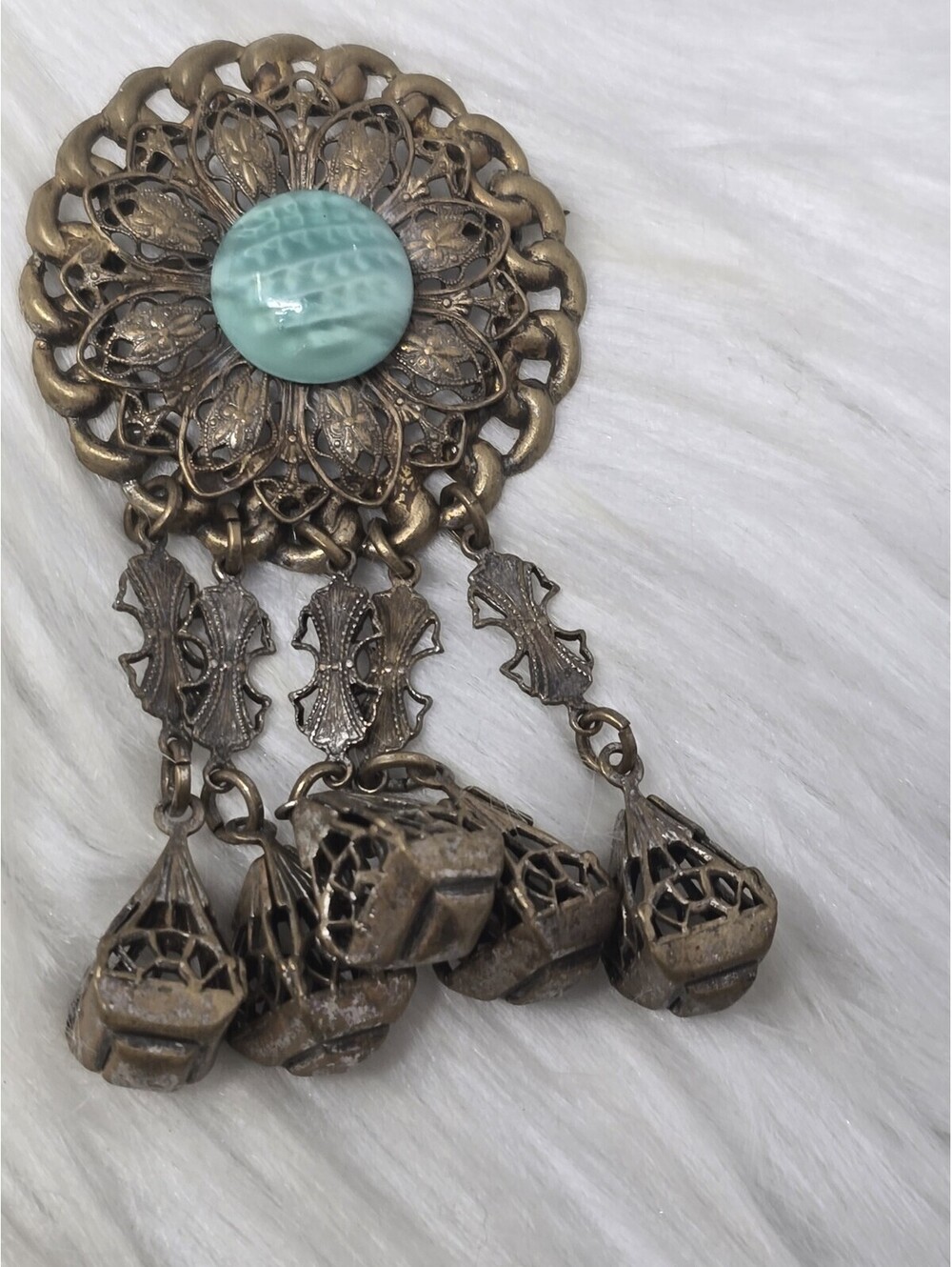 Vintage Czech Style Filigree Brooch Green Glass Cabochon 4"